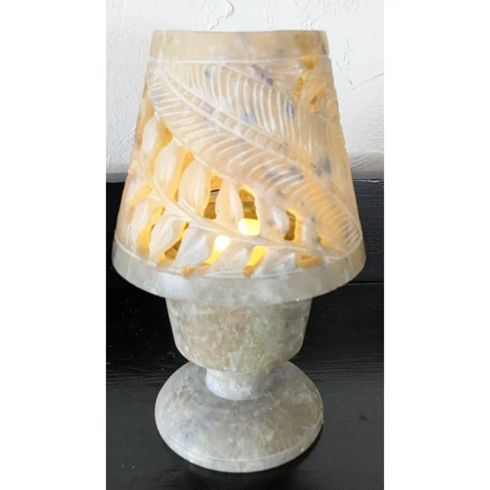 Carved Stone Tealight/Votive Candle Holder and Shade Tones‎ of Yellow & Green 6